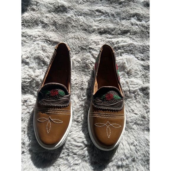 Botas Leon Brown Leather Floral Embroidered Western Slip On Sneakers Womens 24.5 - Picture 2 of 9